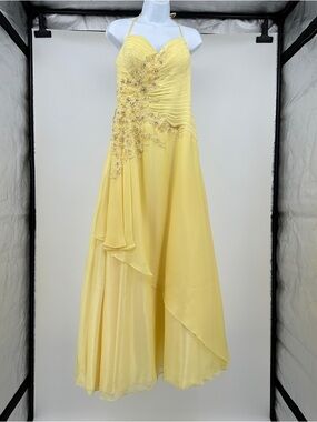 Elegant Yellow Prom Dress Beaded Halter Spaghetti Strap Size 14